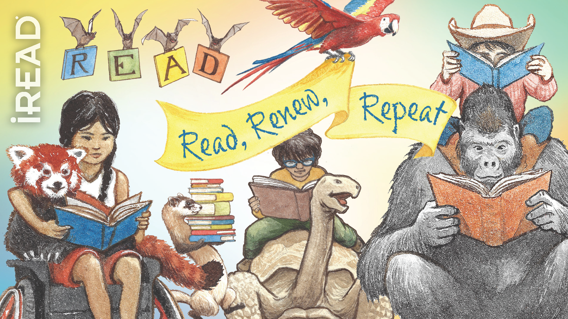 Image of a child reading with animals, and includes the words Read, Renew, Repeat