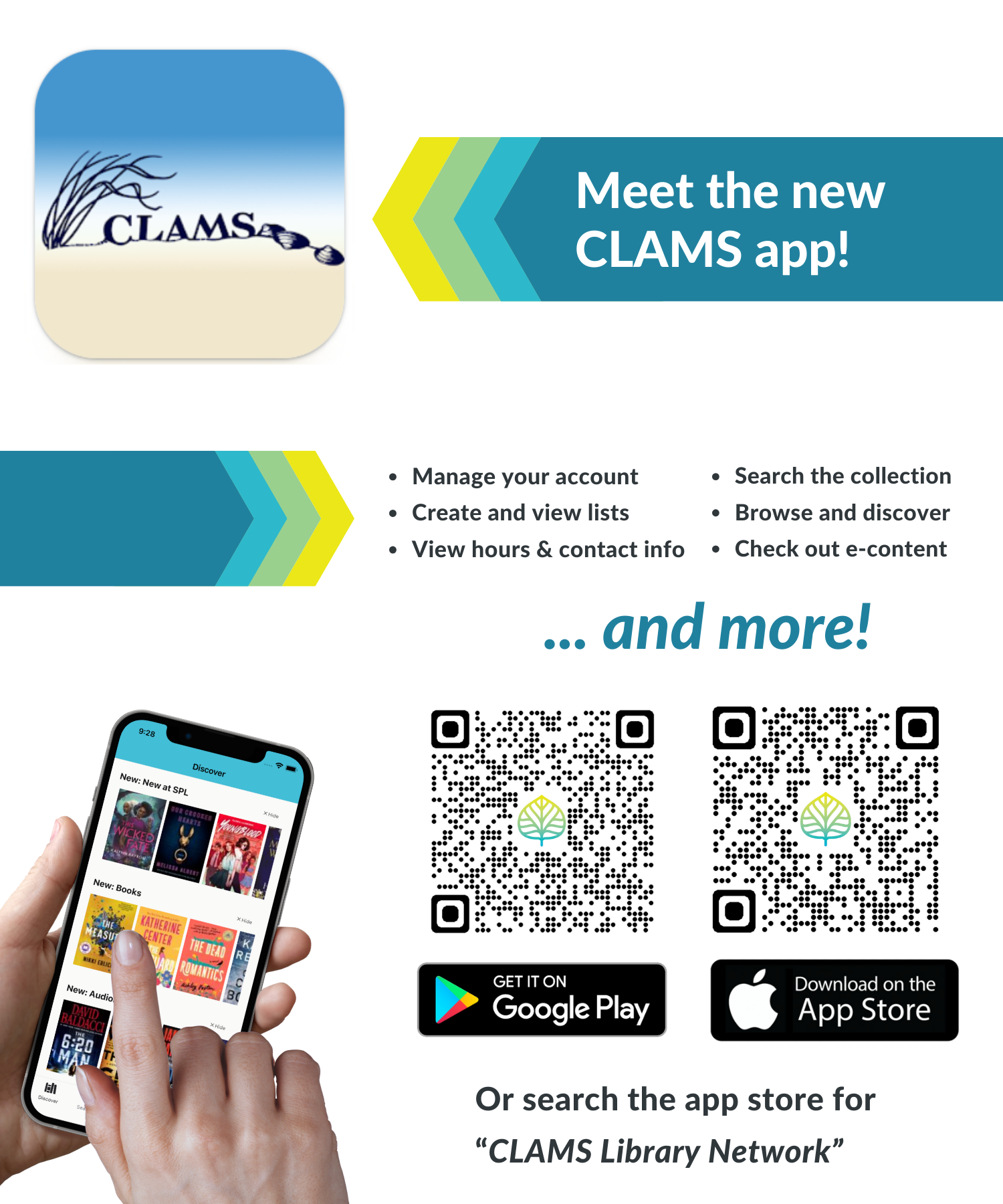 The image announces CLAMS Library Network's new mobile app, with QR codes to access the app in app stores.