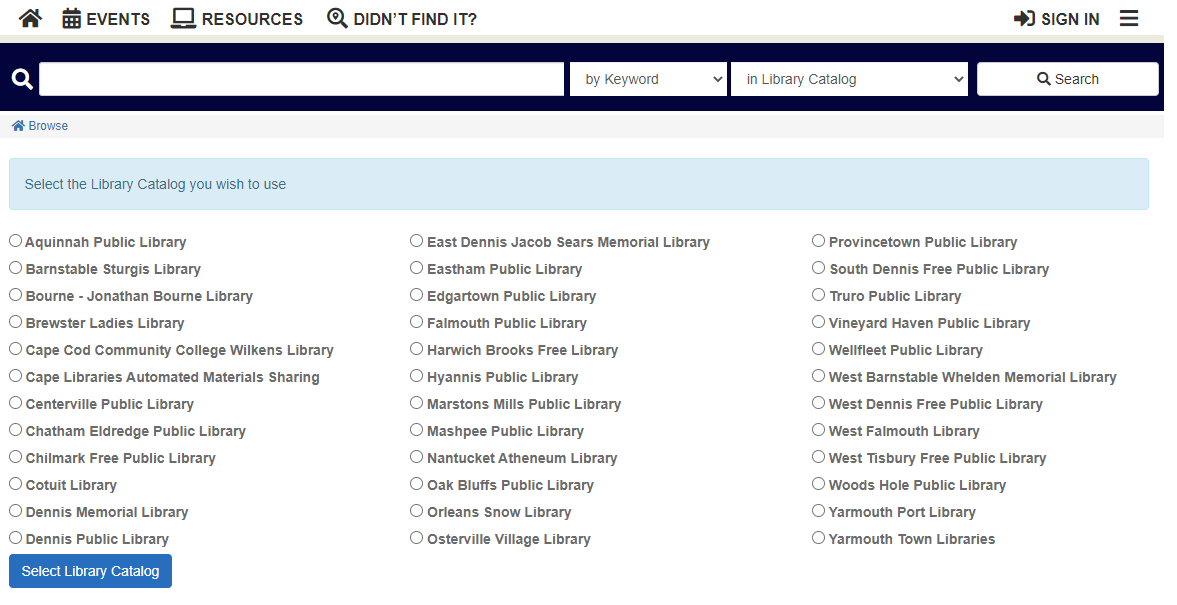 A screenshot of the select library catalog screen in the new catalog