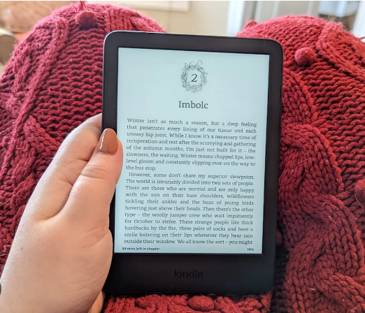 Image of an e-reader being held by someone while reading.
